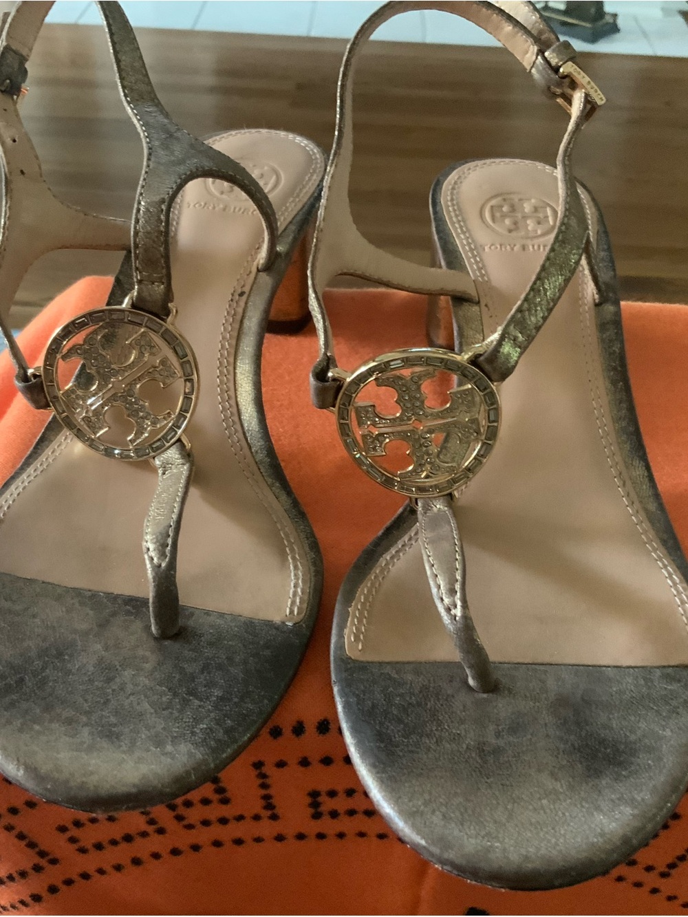 Tory Burch Metallic Pewter Logo T-Strap Sandals